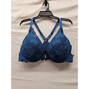 Auden Womens Lace Front Close Push Up Plunge Bra Blue Nylon Blend Size 42DD